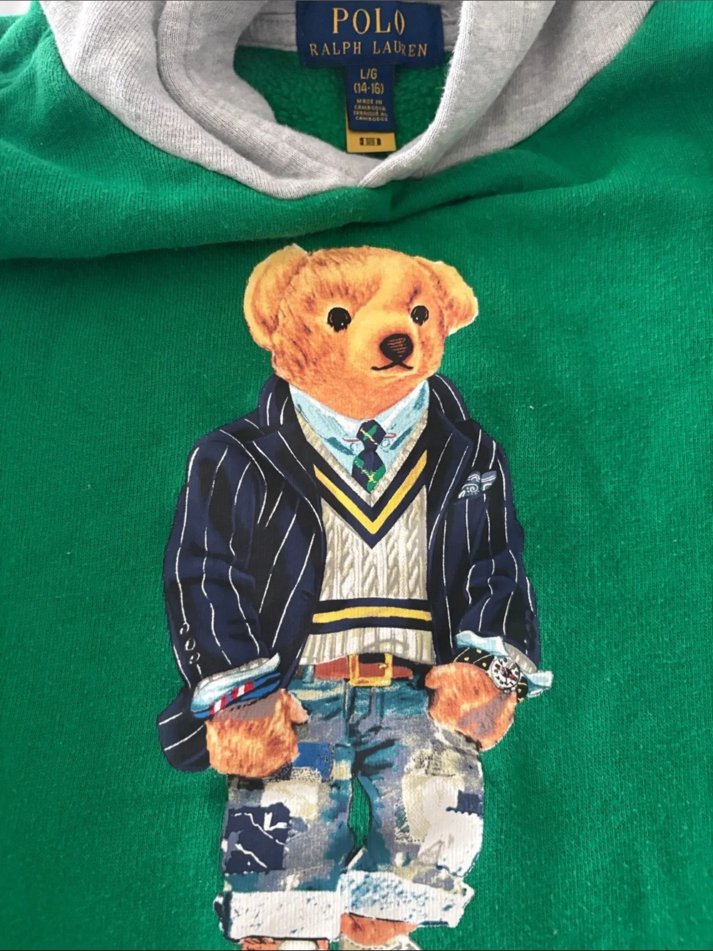 Ralph Lauren Green Hoodie with Navy Stripes and Polo Bear